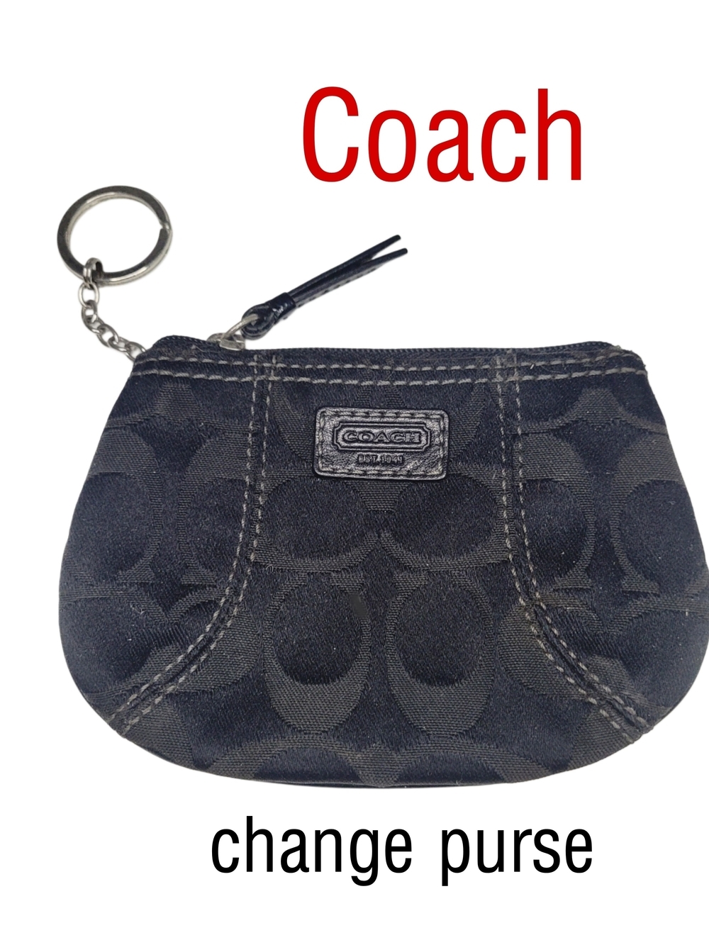 Coach Black Signature Small Change Purse with Key Ring